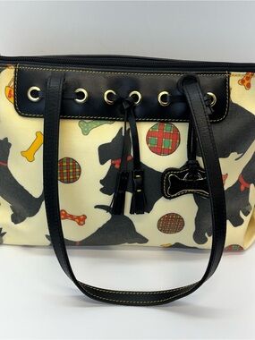 Vintage Dooney & Bourke White Black Scottie Dog Novelty Large Tote Bag Y2K Retro